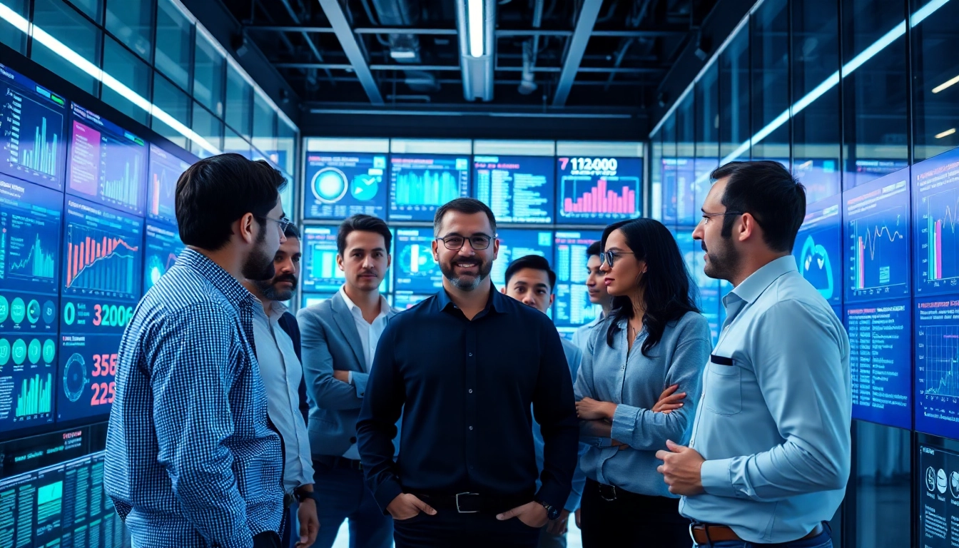 Site reliability engineering experts collaborating in a modern workspace filled with data metrics.