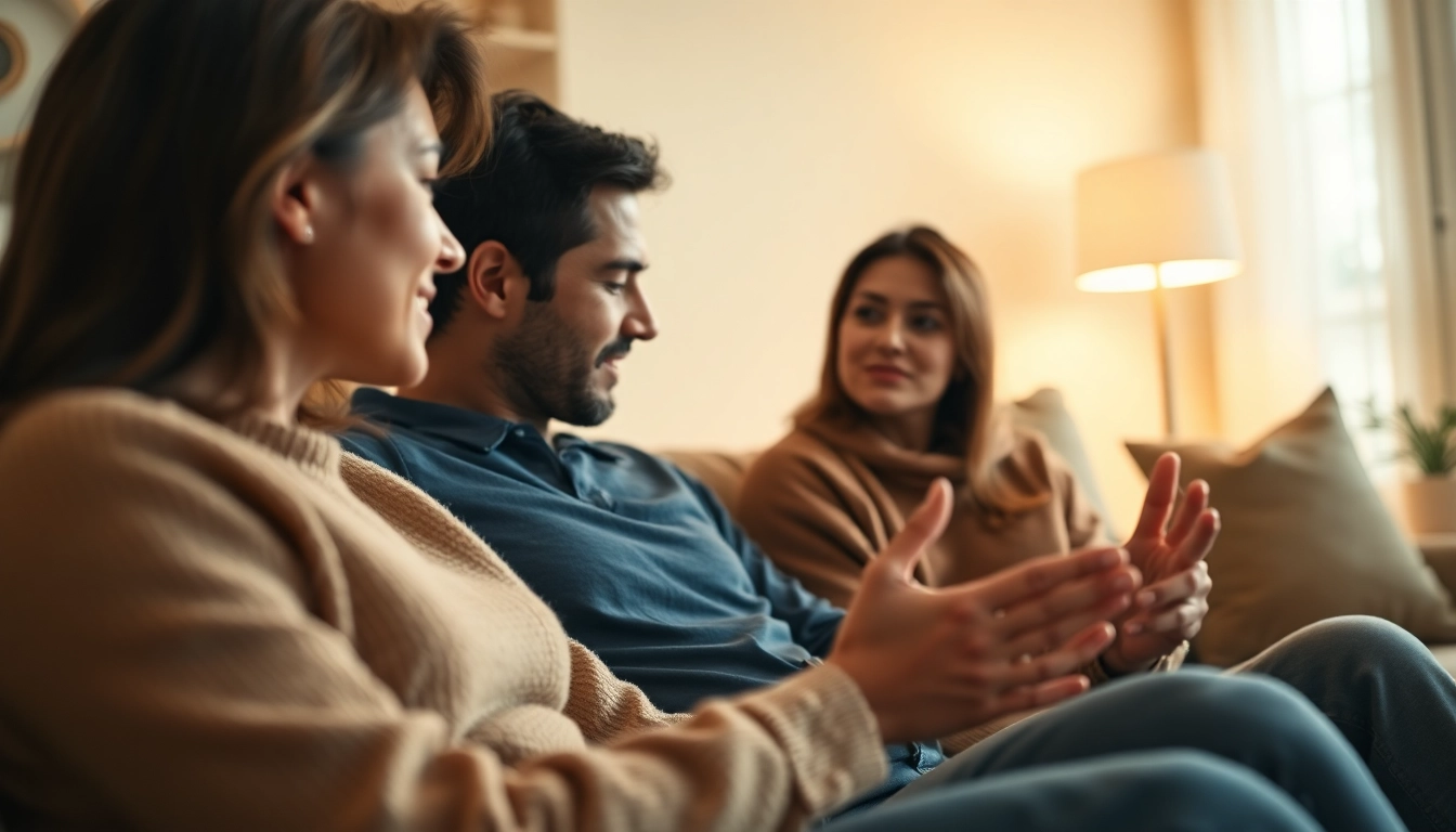 Couple discussing communication in relationships while sitting on a cozy couch in a warmly lit room.