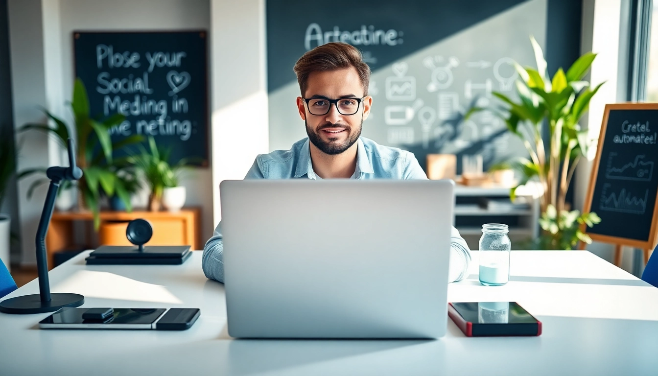 Enhancing productivity through social media and blog automation in a vibrant office setting.