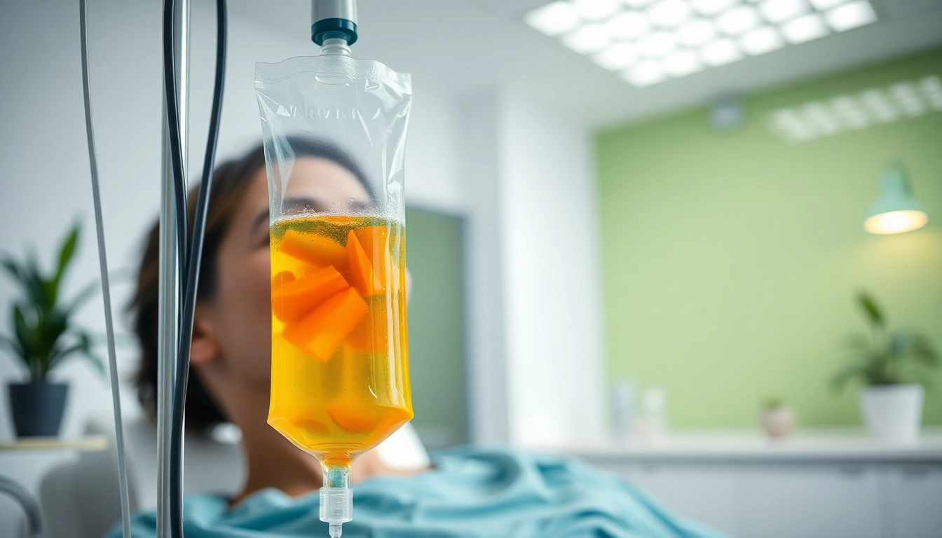 Enhancing wellness through IV Therapy in a serene clinic environment featuring a nutrient-rich drip.
