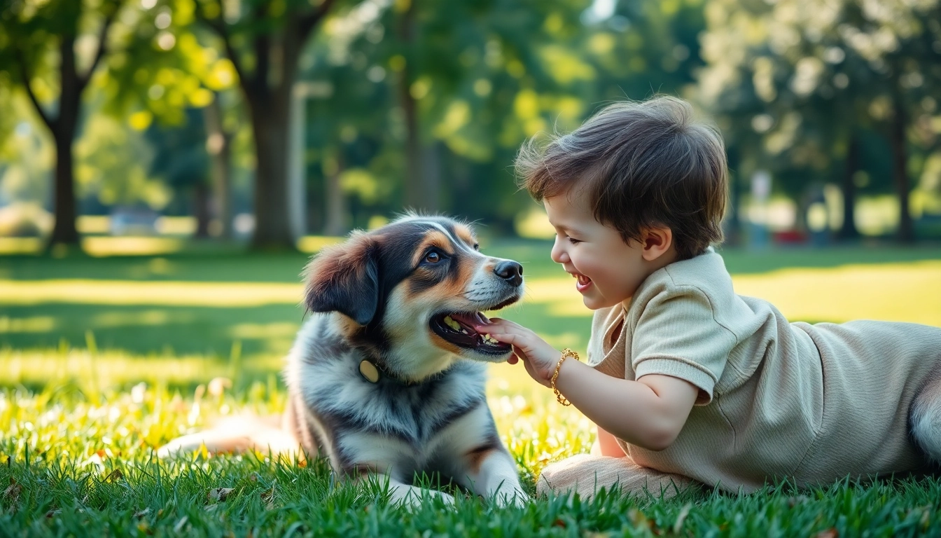 Child engaging with autism dogs in a warm, friendly outdoor setting.