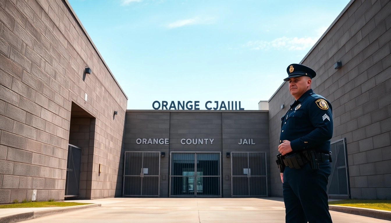 A guard at the Orange County Jail entrance showcasing security and authority.