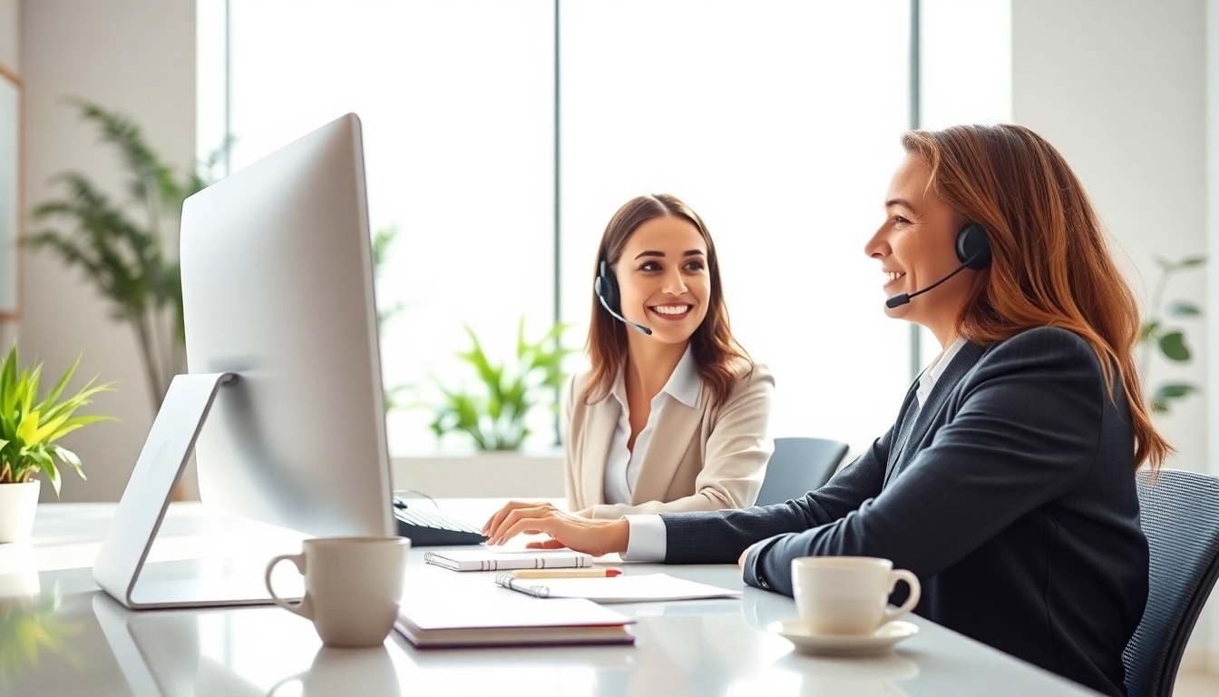 Engaging virtual answer service receptionist answering client calls in a modern office.