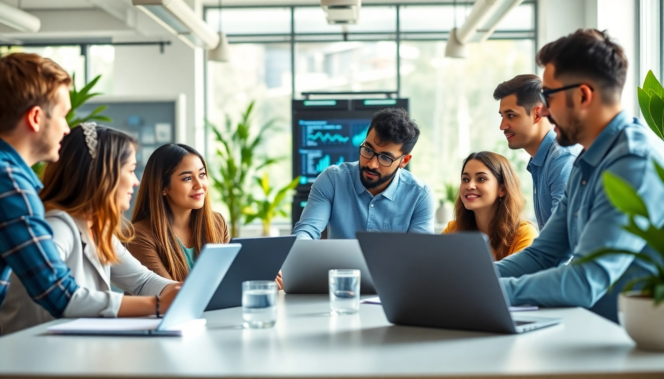 Managed IT provider team collaborating in a professional office, showcasing teamwork and technology.