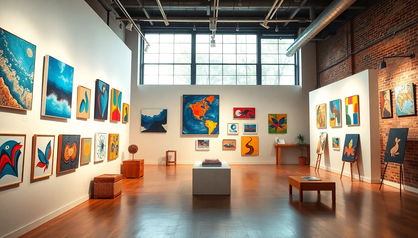 View of diverse artwork in an in lieu gallery showcasing vibrant contemporary pieces.