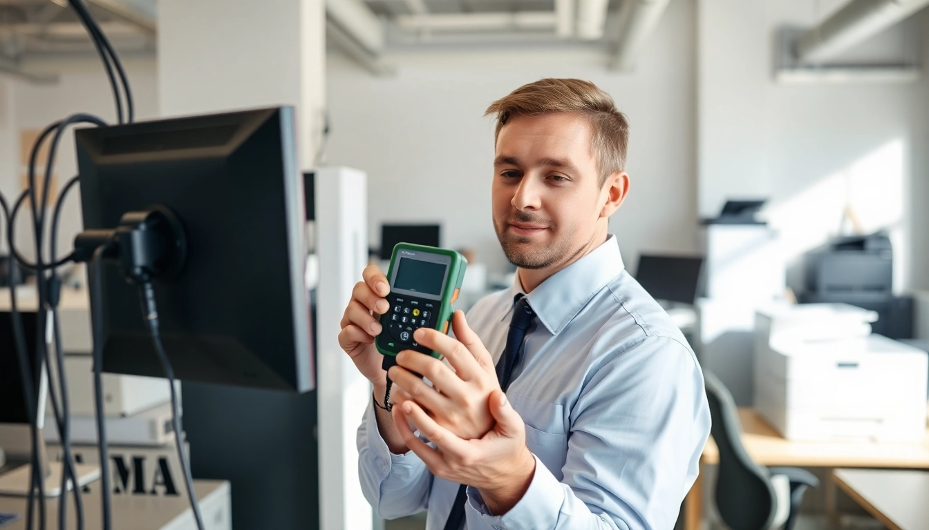 Execute Pat testing Lichfield in a safe office environment, showcasing a technician inspecting electrical appliances.