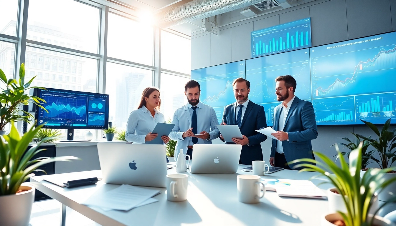IT Companies collaborating in a modern office environment with advanced tech.
