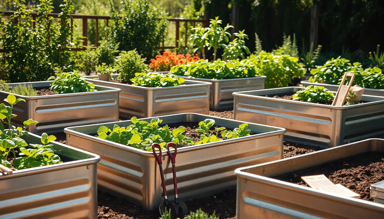 Showcasing galvanized raised beds filled with vibrant vegetables in a sunny garden.