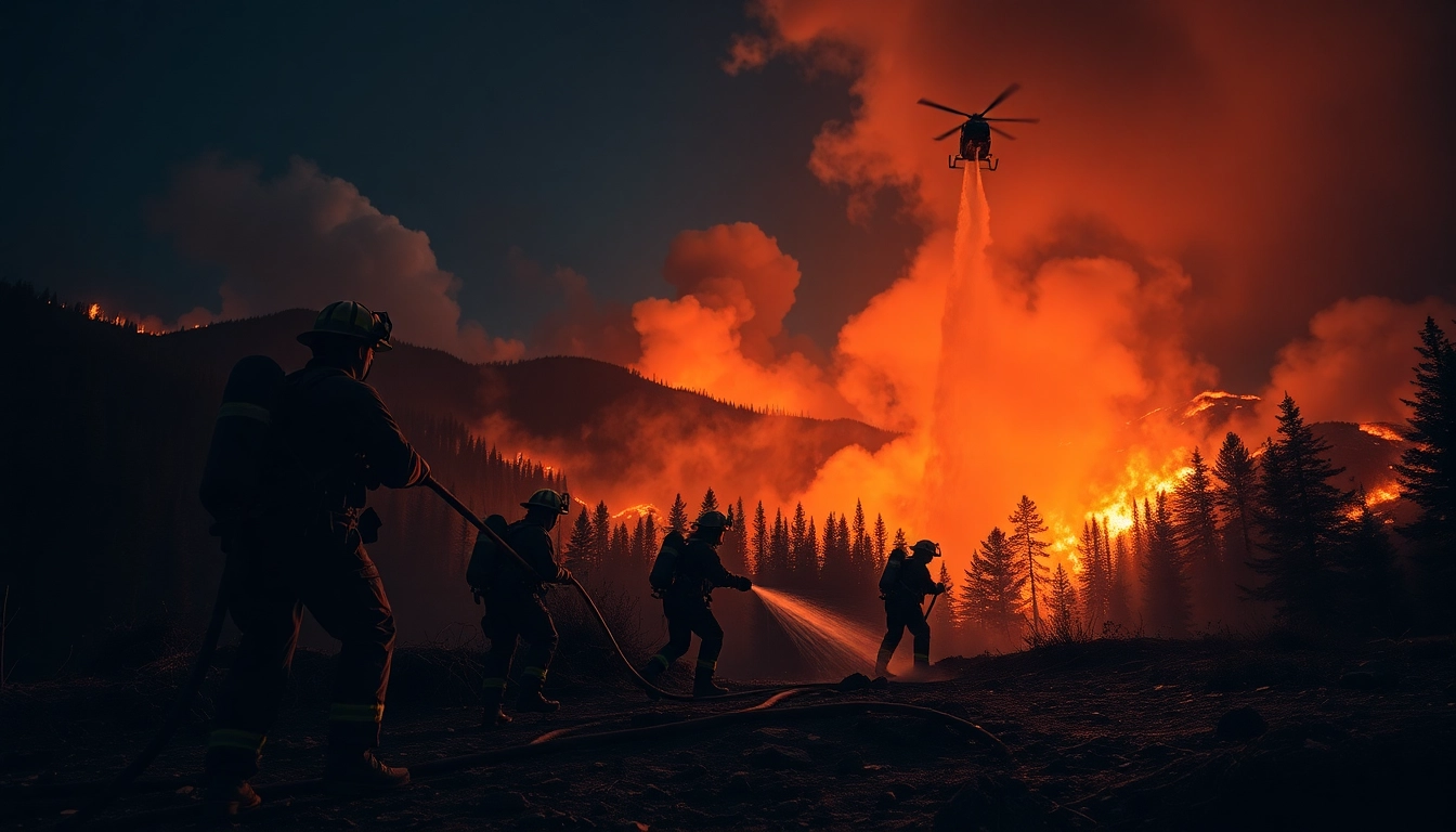 Firefighters combatting wildfire events with hoses in a dramatic evening scene, showcasing resilience.