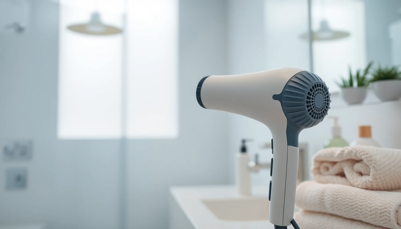 Enhancing hair styling with the lightweight hair dryer in a modern bathroom.