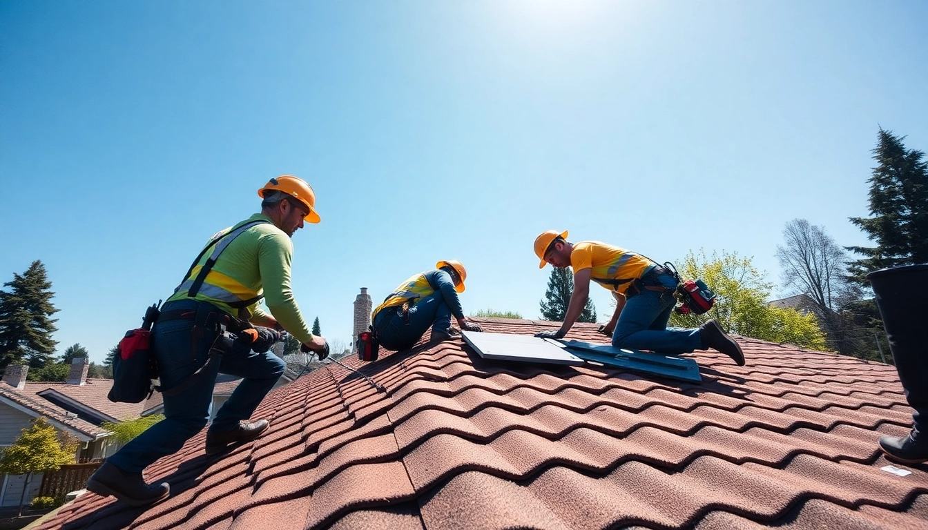 Roof repair Vancouver Wa showing skilled workers efficiently repairing a roof under bright natural light.