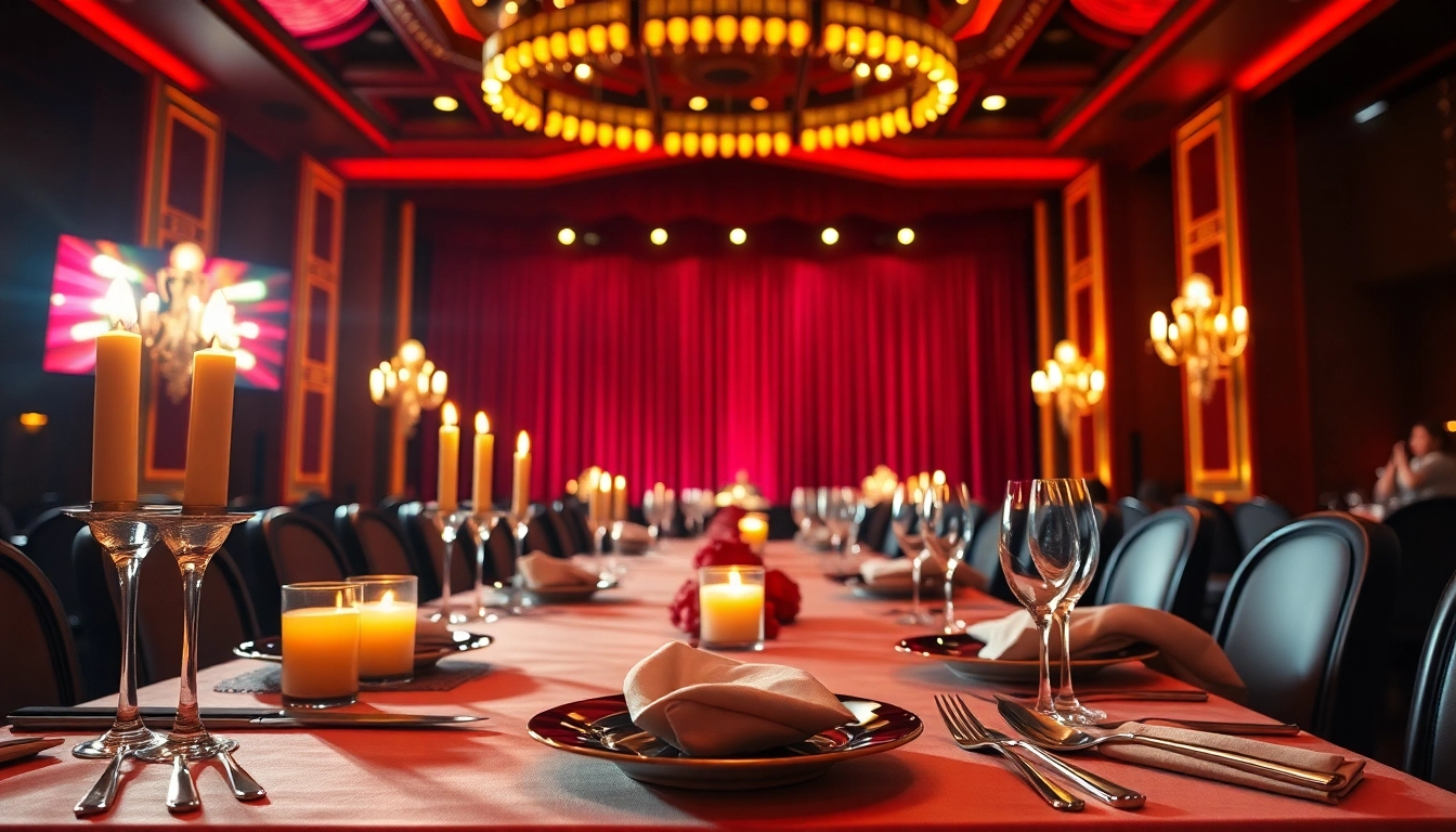 Indulge in the exquisite experience of las vegas dinner theater with elegantly set tables and vibrant stage lights.