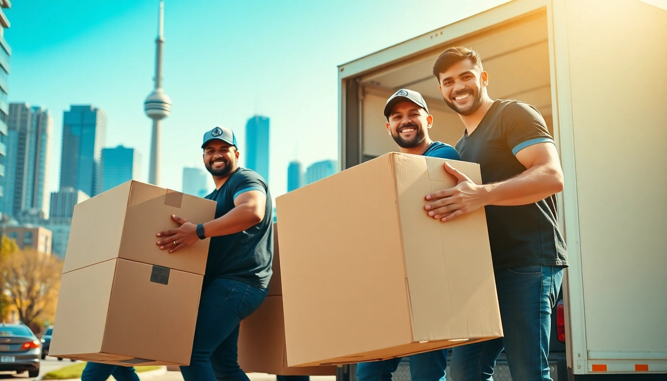 Toronto best moving company team working efficiently to move boxes in a city setting.