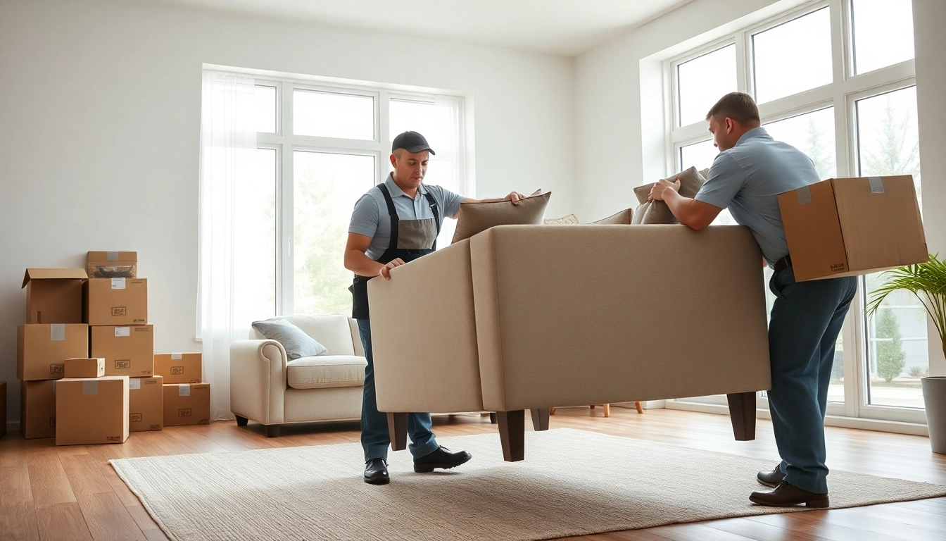 Movers calgary team efficiently moving furniture in a bright, warm living room.