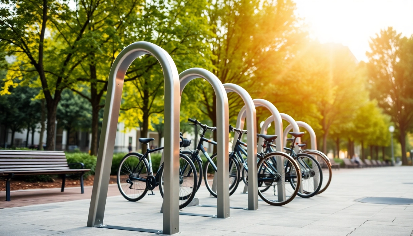 Showcasing a Modern bike rack in a vibrant park, highlighting its sleek design and functionality.