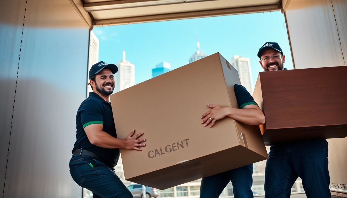 Professional movers calgary lifting furniture into a truck against the Calgary skyline.
