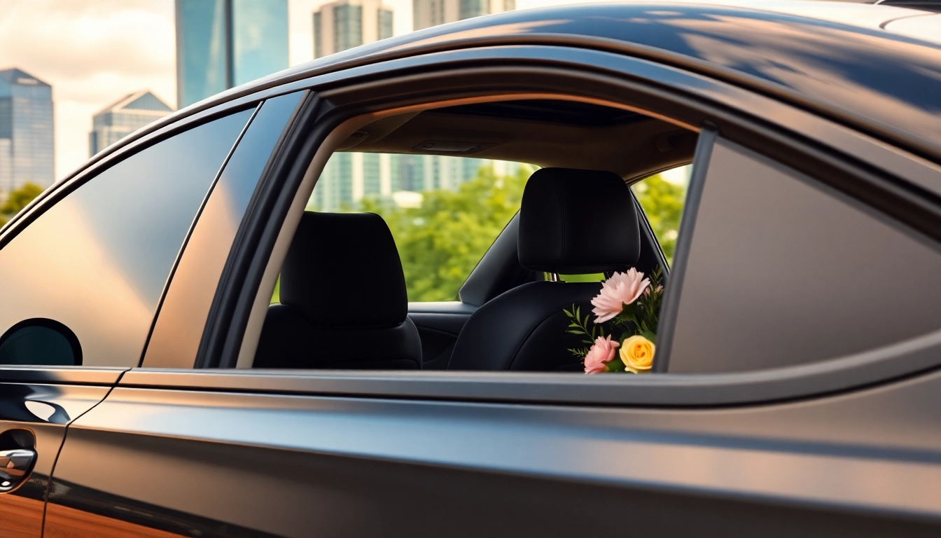 Experience vip chauffeur service with a professional chauffeur in a luxury sedan by an urban skyline.