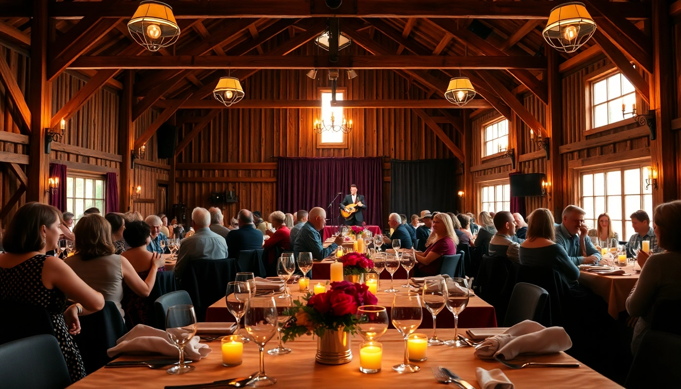 Diners enjoying a barn dinner theater experience featuring a lively performance and buffet.