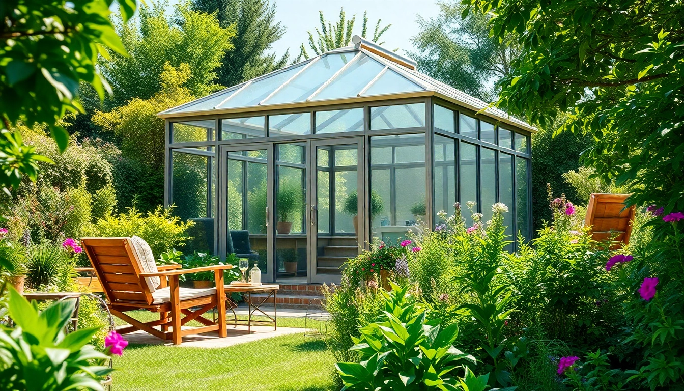 Showcase a sunroom greenhouse kit surrounded by flourishing plants, emphasizing natural light and modern design.