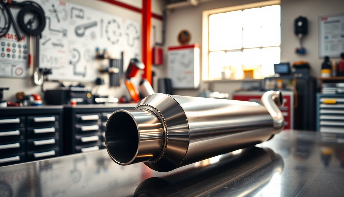 Showcasing an n55 catless downpipe on a workbench in a professional automotive workshop.