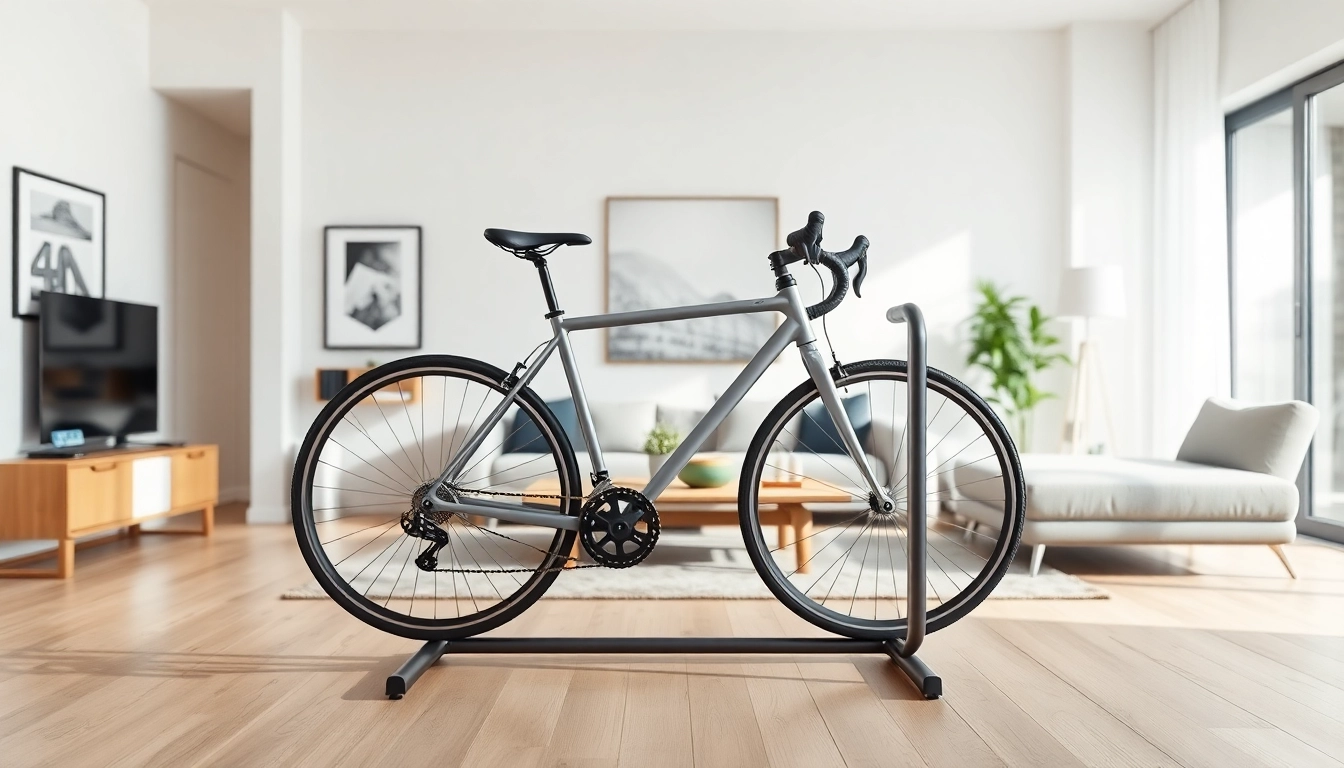 Showcasing a stylish bike rack with a modern bicycle in a chic living room.